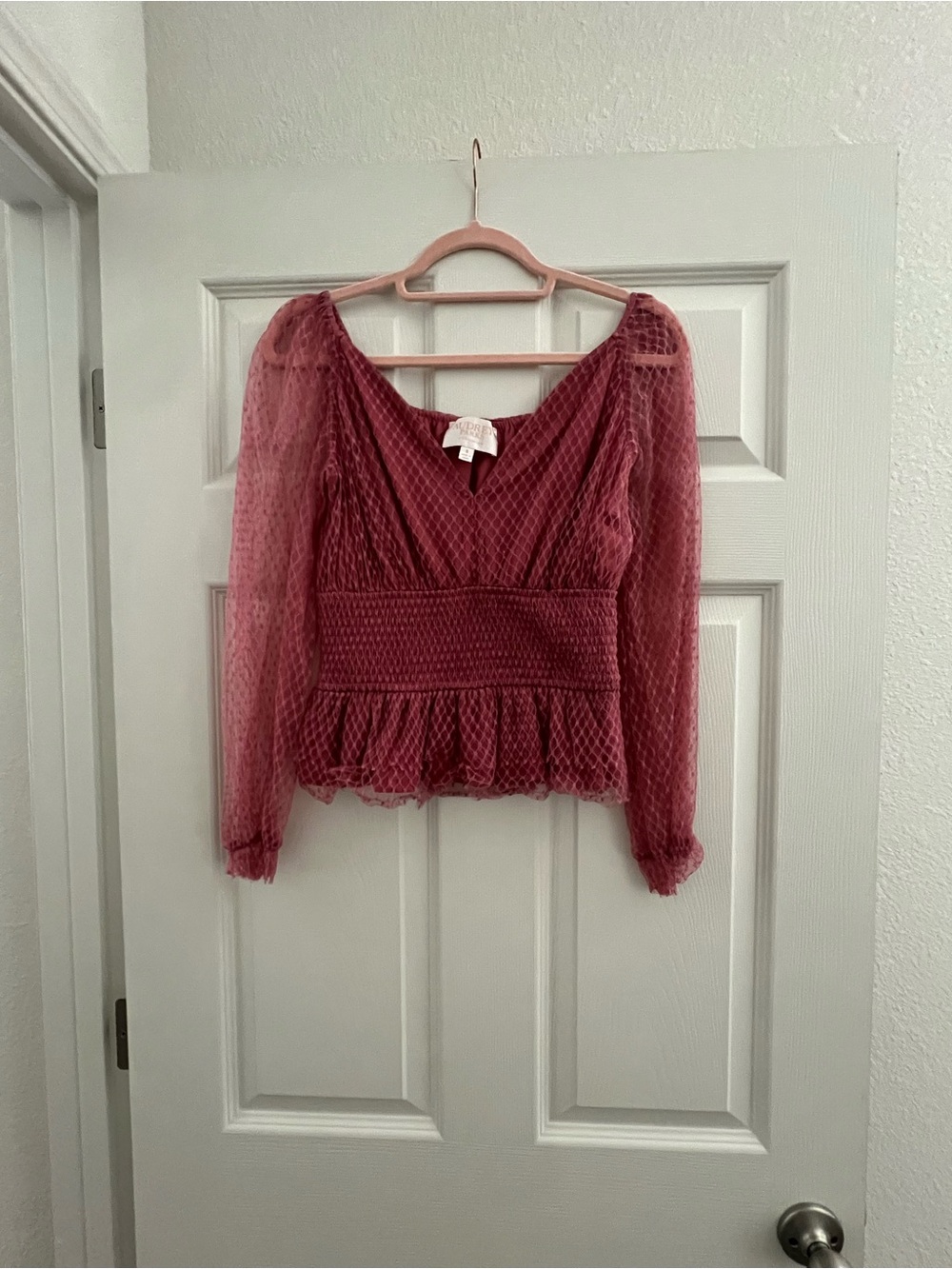 Smocked Waist Sheer Dot-Trim Blouse in Dusty Rose